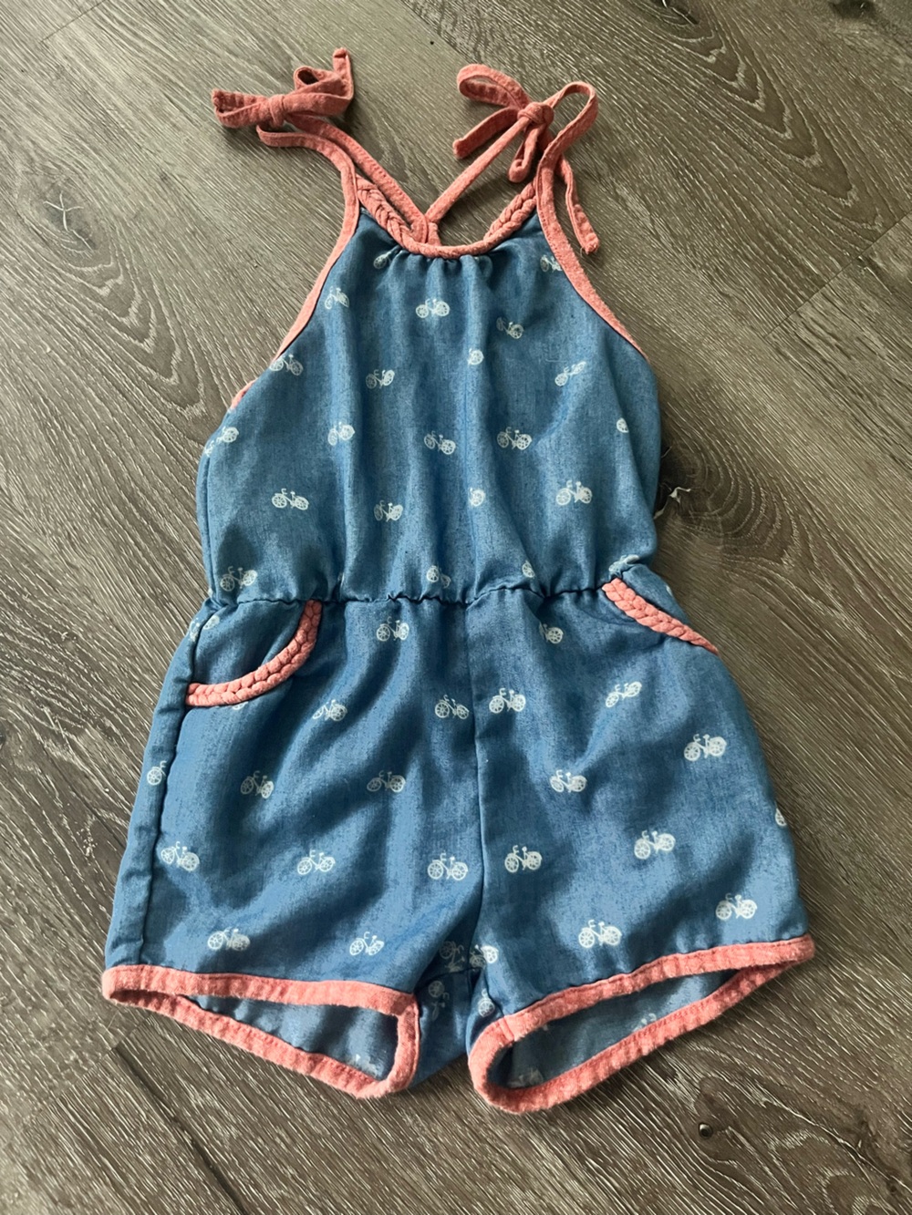 Miki Miette - Kids Blue Bicycle-Print One-Piece Romper with Pink Trim